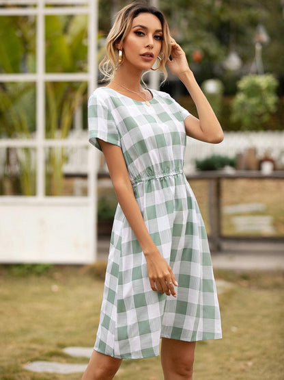 Smocked Plaid Round Neck Short Sleeve Dress CaRaUaNa Fashion