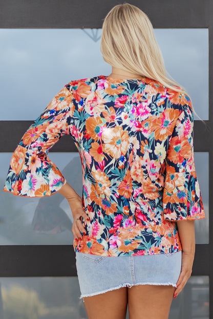 Black Floral 3/4 Flare Sleeve Tied V Neck Blouse