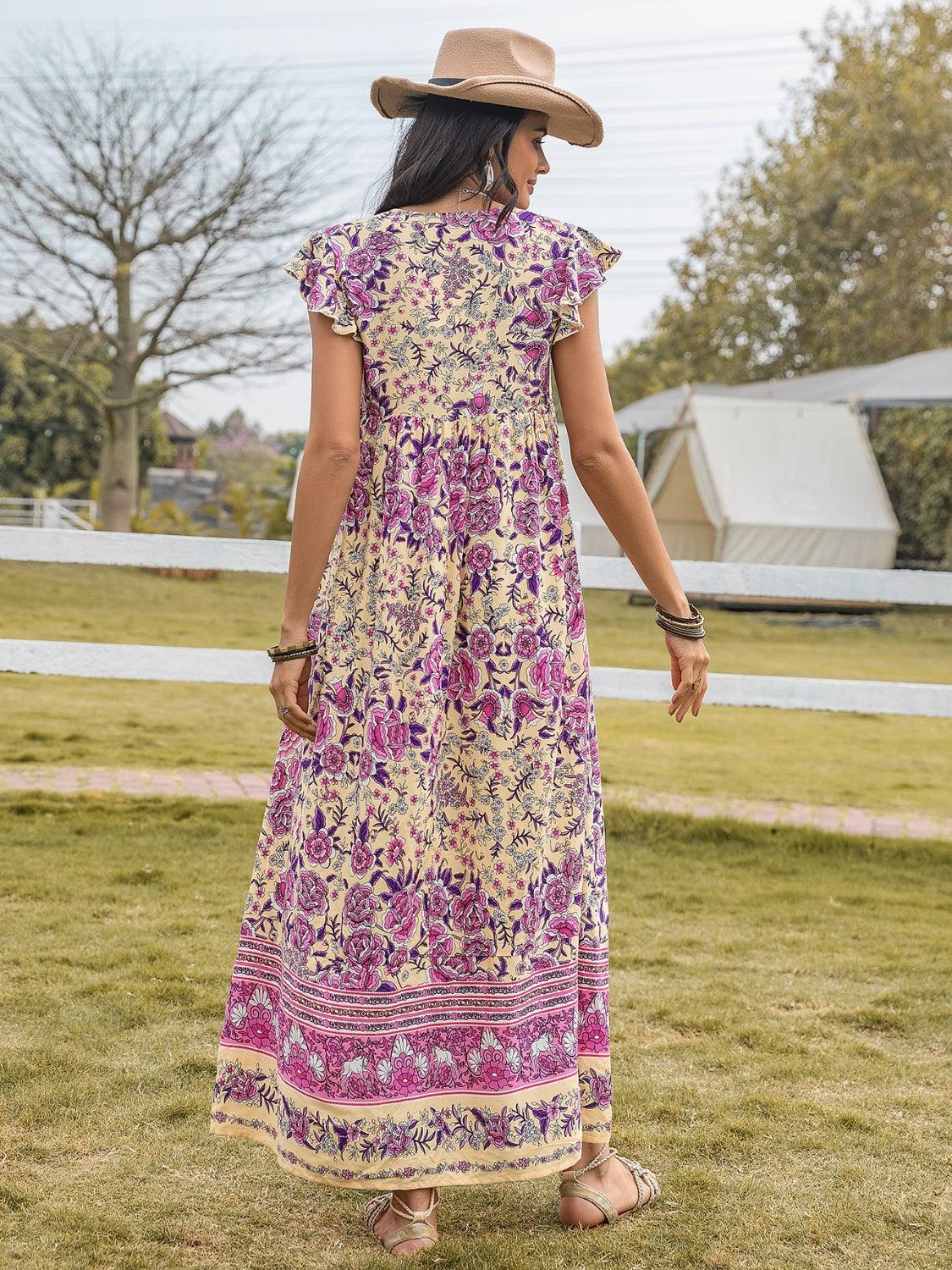 Ruffled Printed Tie Neck Cap Sleeve Dress Carauana Store