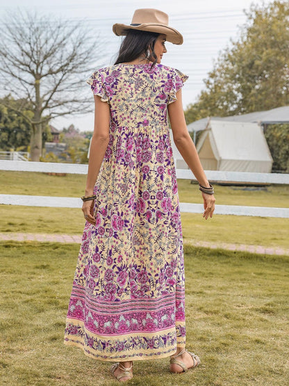 Ruffled Printed Tie Neck Cap Sleeve Dress Carauana Store