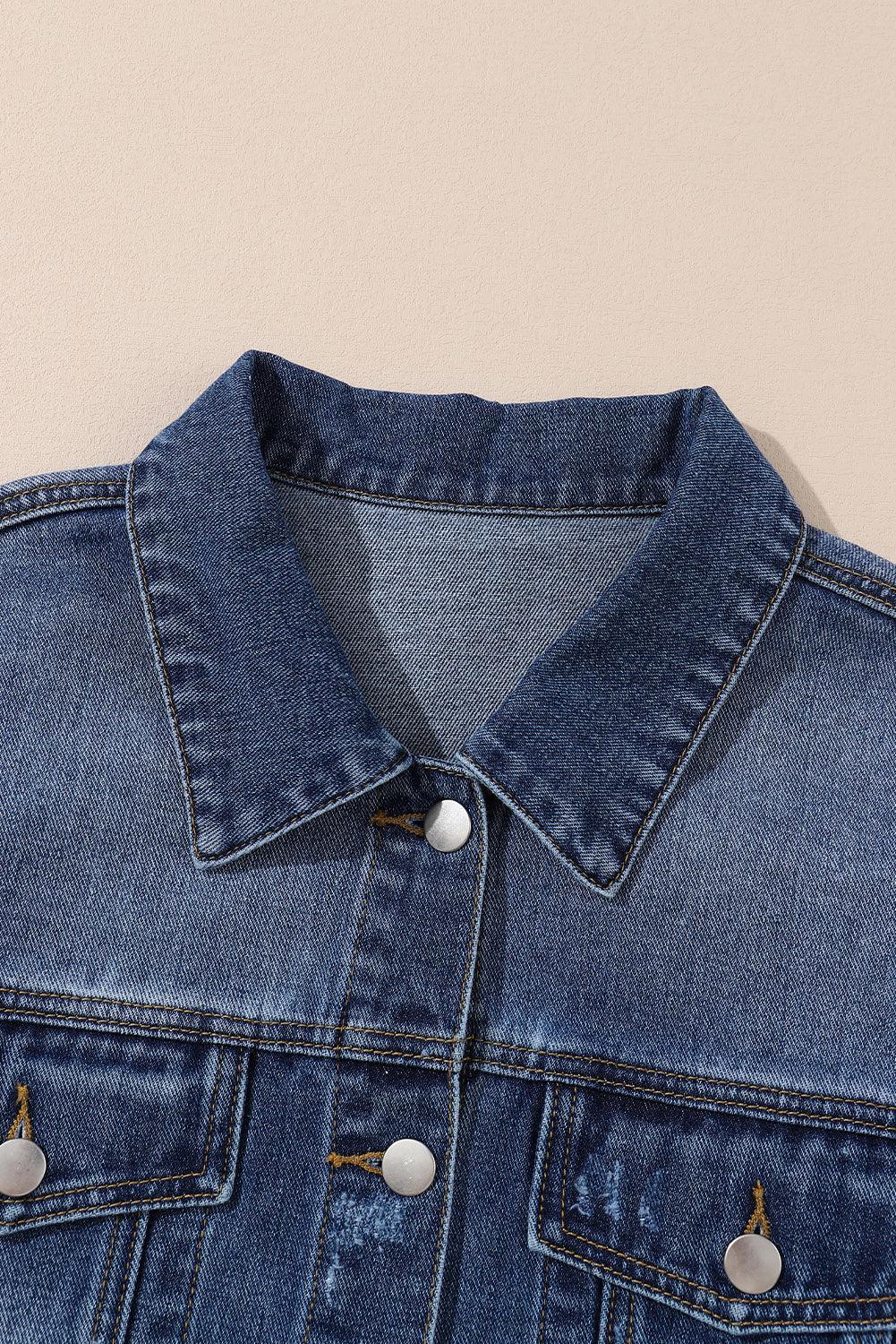Plus Size Distressed Button Up Raw Hem Denim Jacket Carauana Store