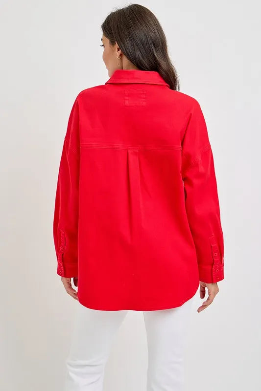 RISEN Button Down Long Sleeve Denim Shacket with Chest Pockets Carauana Store