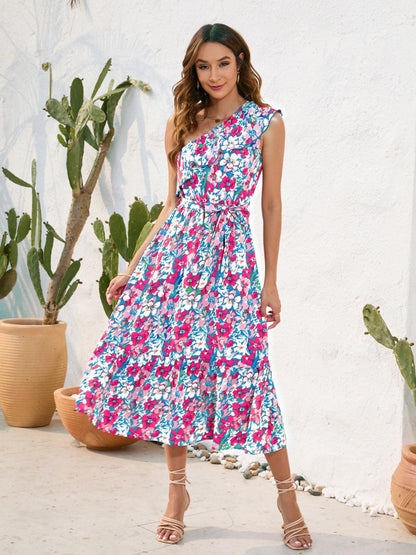 Ruffled Printed One Shoulder Midi Dress Carauana Store