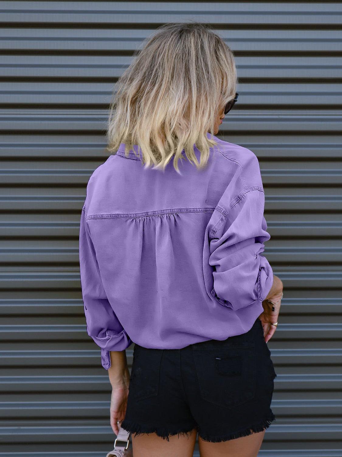 Drawstring Pocketed Button Up Denim Top Carauana Store