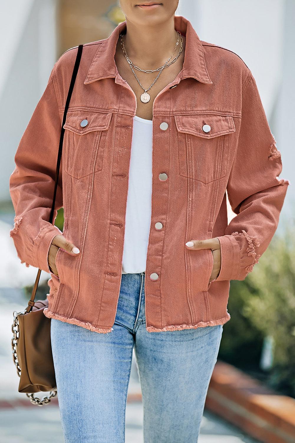 Distressed Raw Hem Denim Jacket Carauana Store
