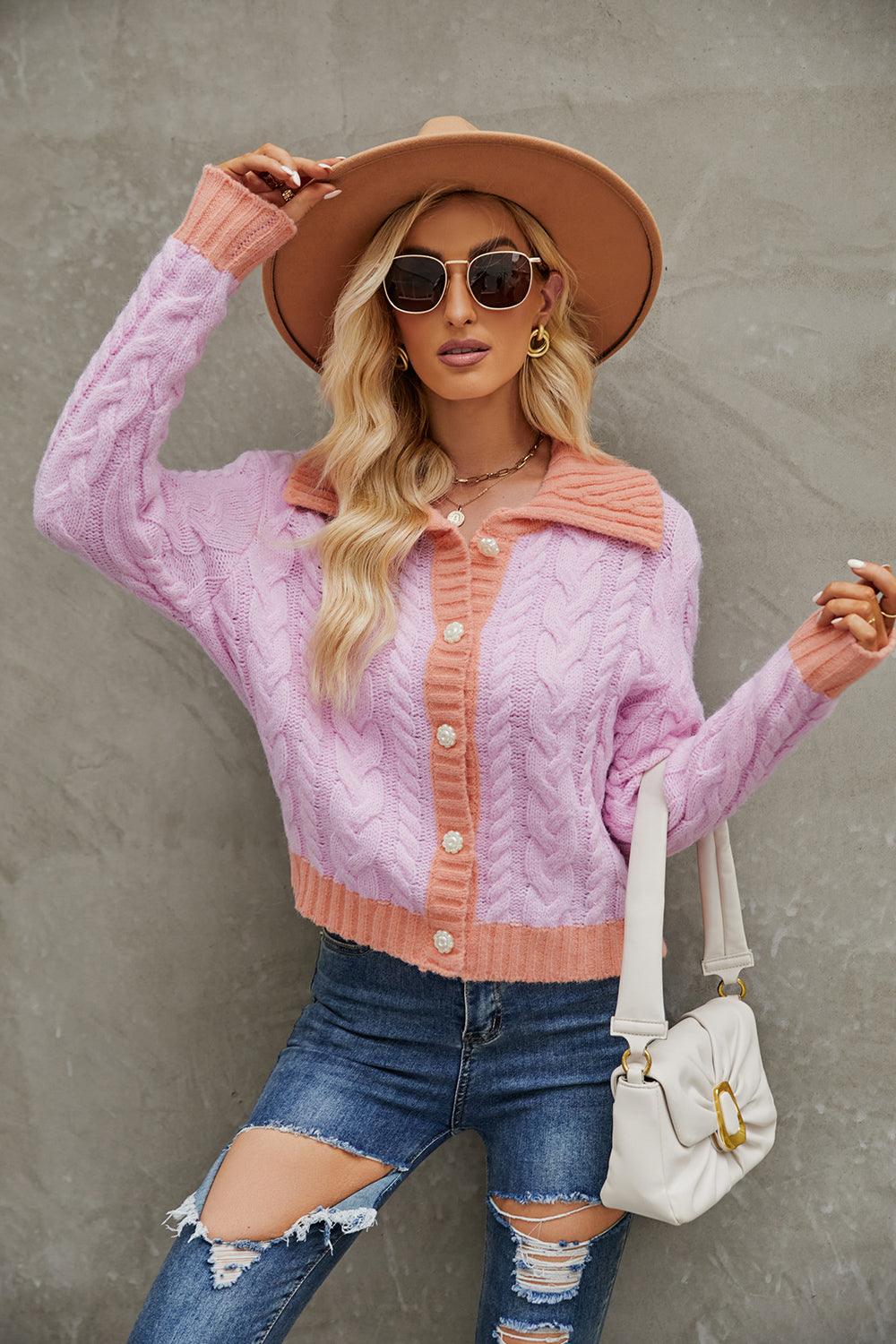 Contrast Collared Neck Cable-Knit Cardigan Carauana Store