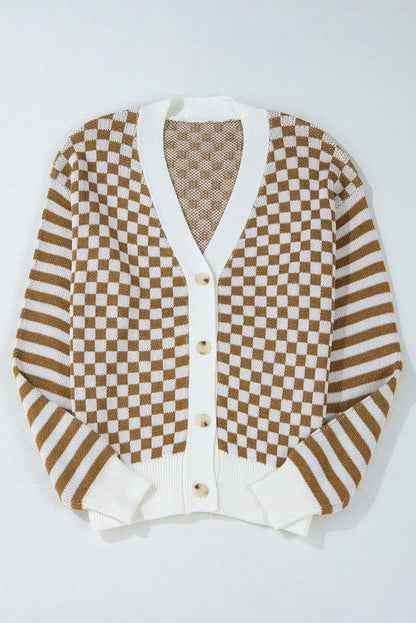 Checkered V-Neck Long Sleeve Cardigan Carauana Store