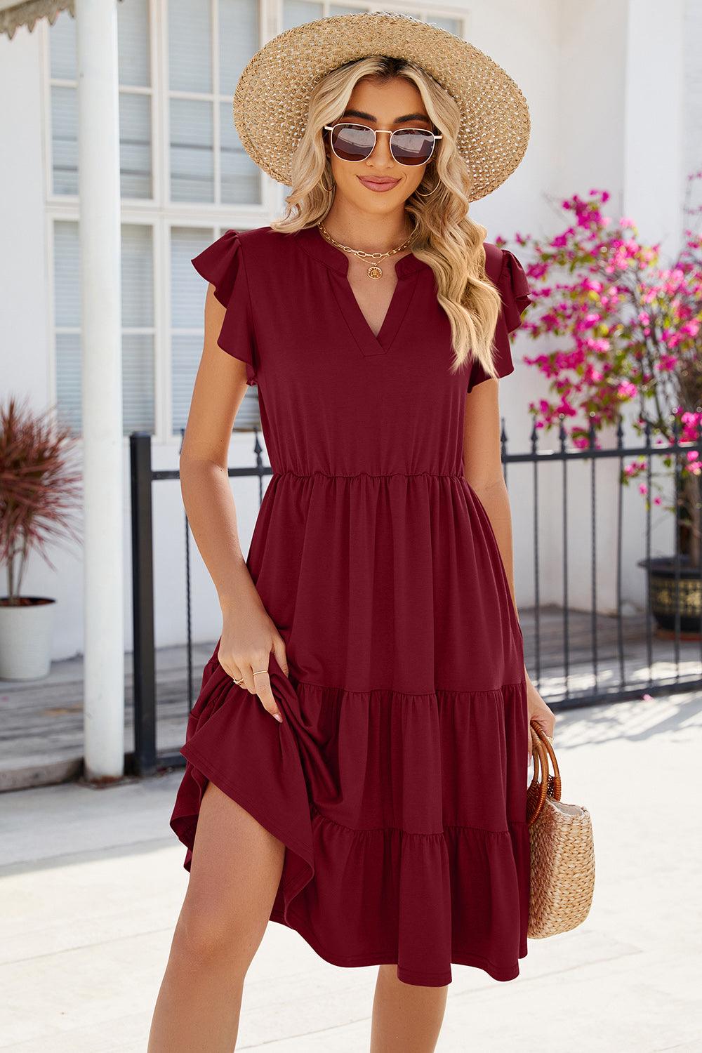 Ruched Notched Cap Sleeve Dress Carauana Store