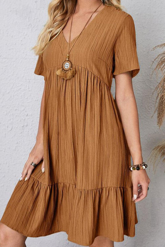 Full Size Ruched V-Neck Short Sleeve Dress Carauana Store