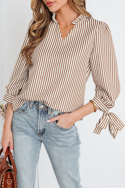Straw Yellow Striped Print Tied Cuffs Split Neck Seersucker Blouse