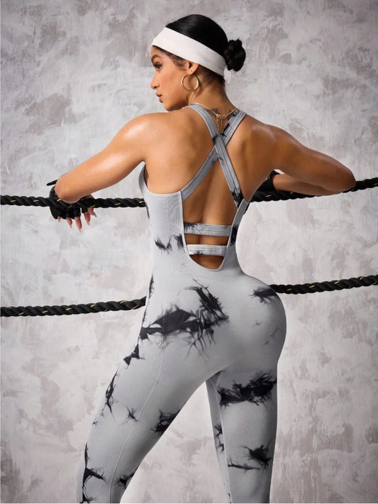Back Crisscross Tie-Dye Scoop Neck Active Jumpsuit Carauana Store