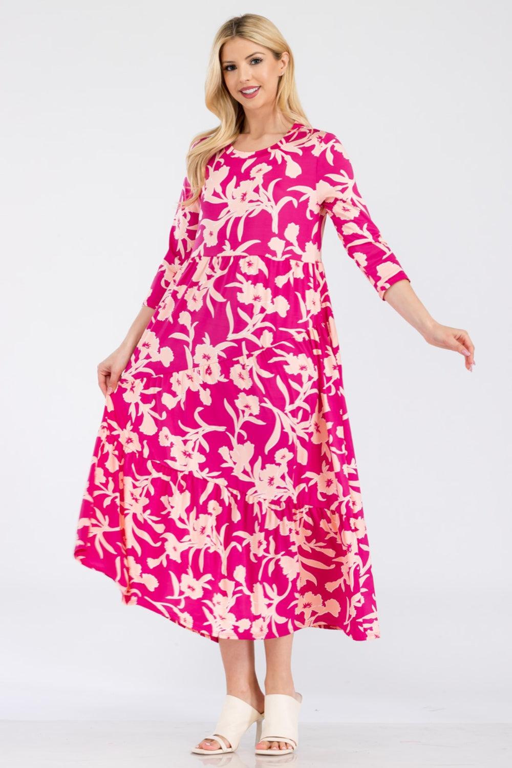 Celeste Full Size Floral Round Neck Ruffle Hem Dress Carauana Store