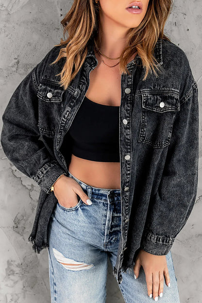 Button Up Pocketed Raw Hem Denim Jacket Carauana Store