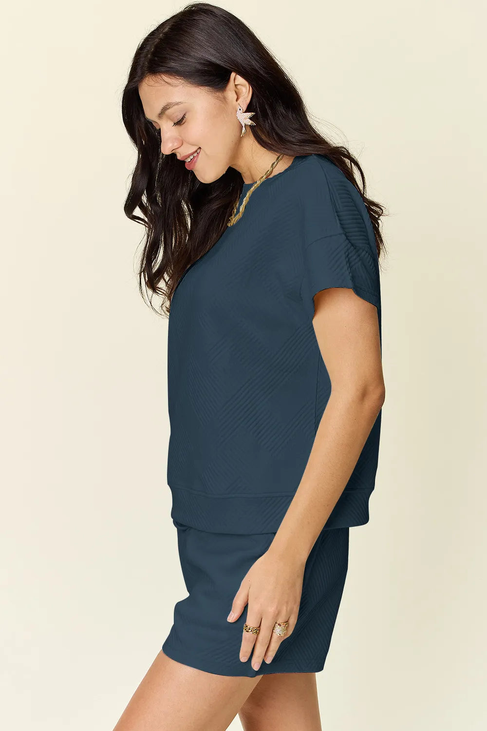 Double Take Full Size Texture Short Sleeve T-Shirt and Drawstring Shorts Set Carauana Store