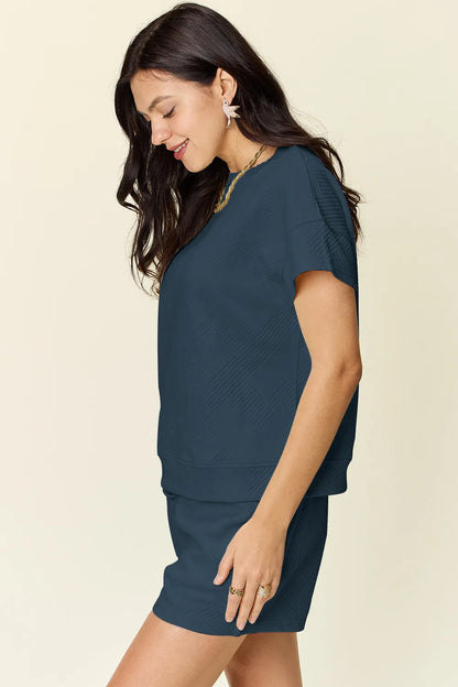 Double Take Full Size Texture Short Sleeve T-Shirt and Drawstring Shorts Set Carauana Store