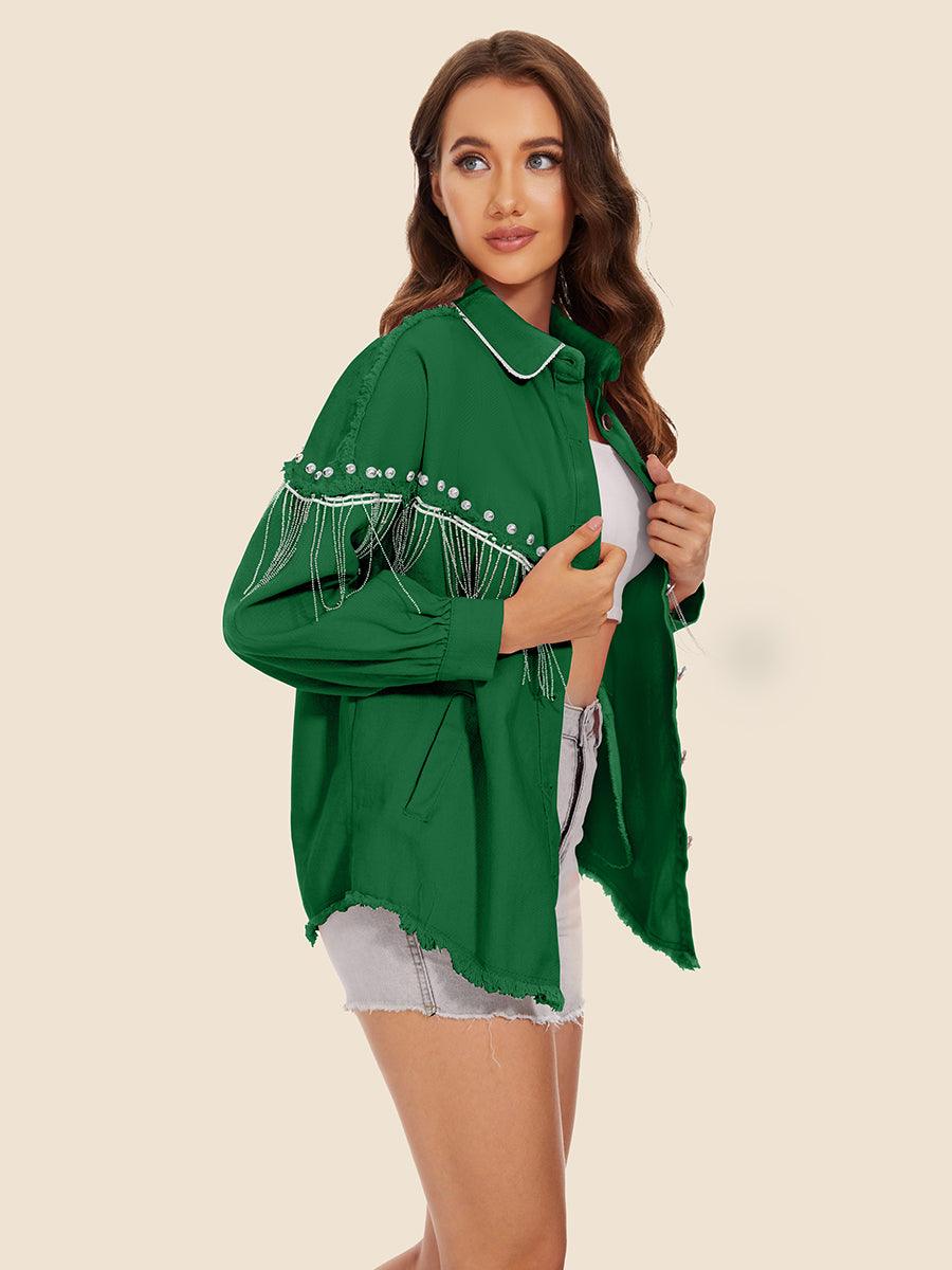 Raw Hem Fringe Detail Denim Jacket CaRaUaNa Fashion