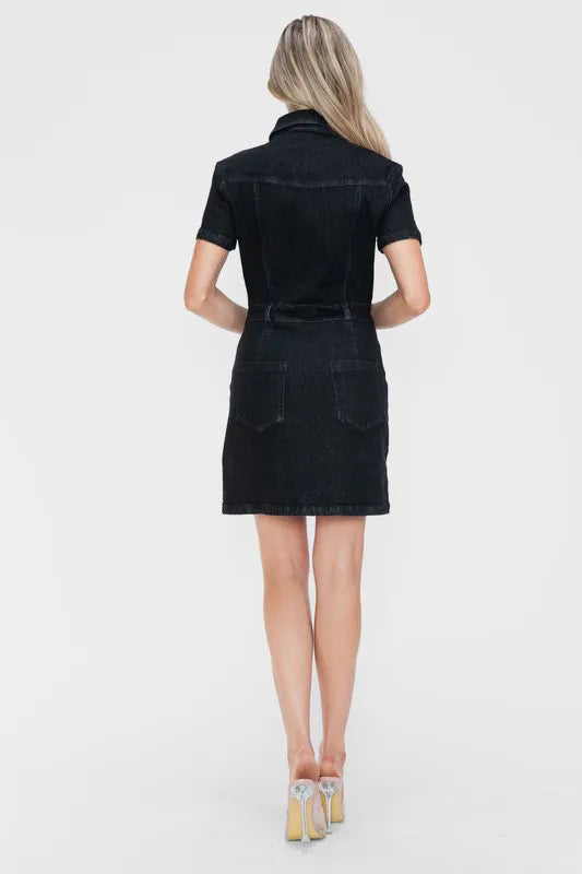 bytos Full Size Embellished Button Down Short Sleeve Denim Dress Carauana Store