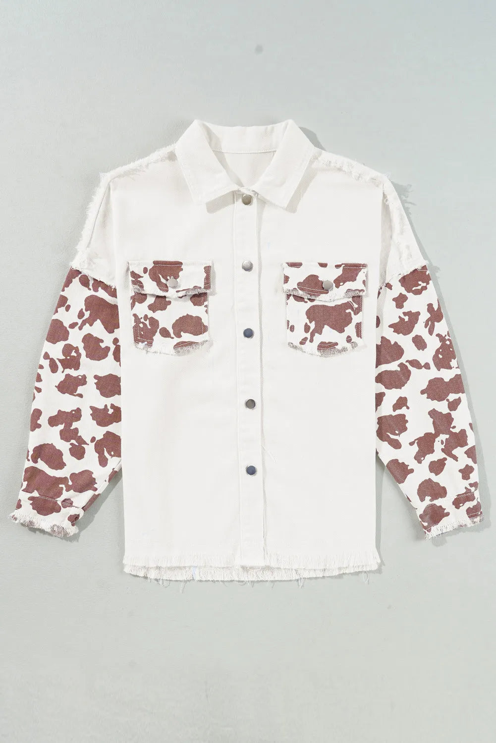 Raw Hem Animal Print Long Sleeve Denim Jacket CaRaUaNa Fashion