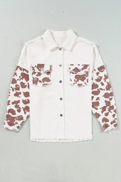 Raw Hem Animal Print Long Sleeve Denim Jacket CaRaUaNa Fashion