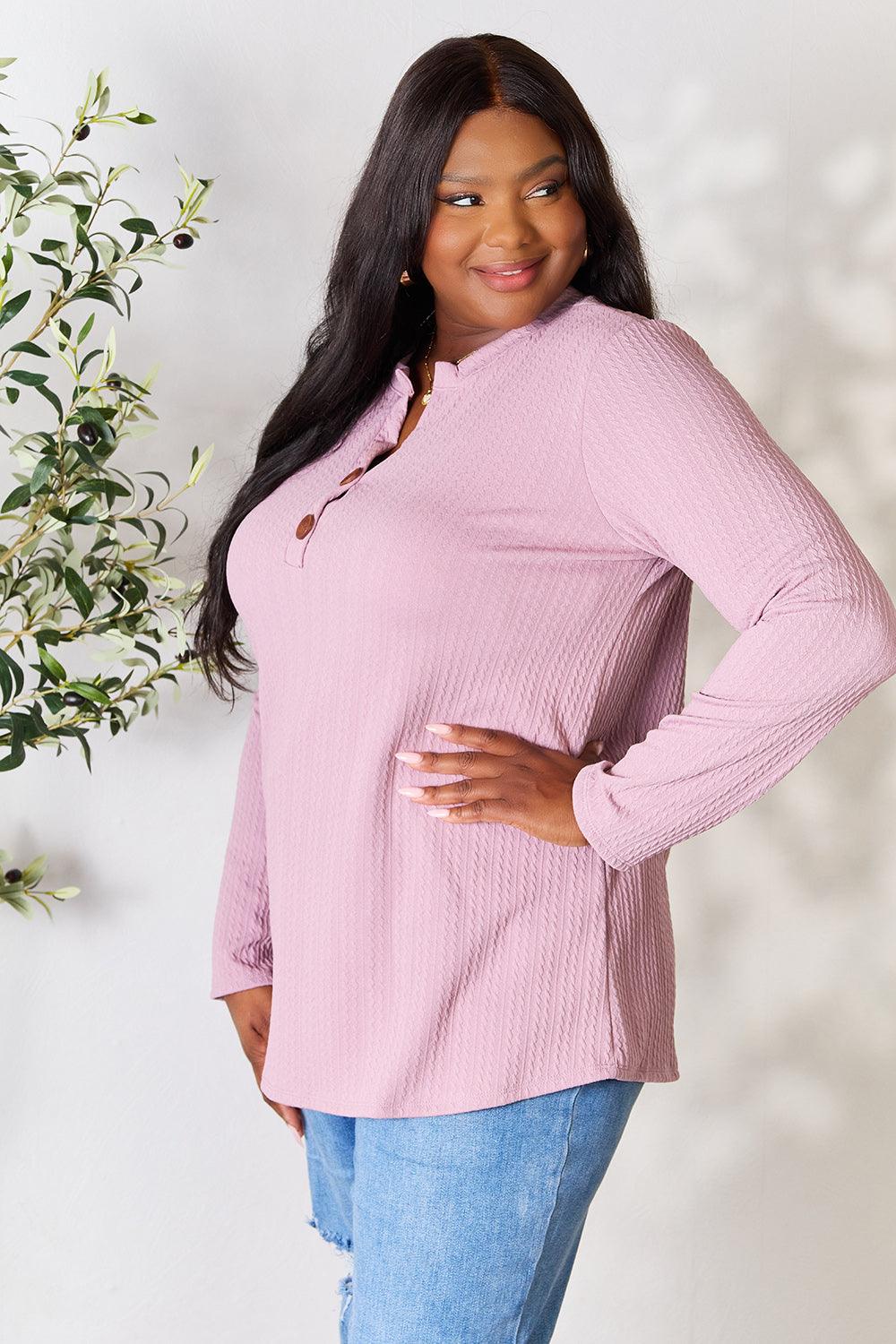 Celeste Full Size Texture Half Button Long Sleeve Blouse Carauana Store