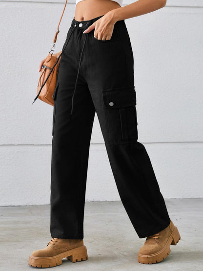 Drawstring Mid-Rise Waist Straight Cargo Jeans Carauana Store