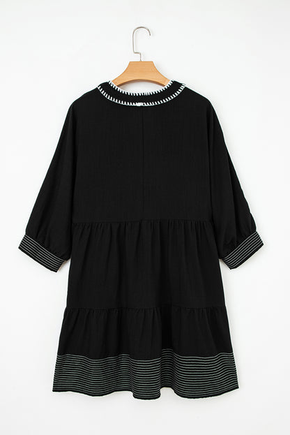 Black Contrast Stitched V Neck 3/4 Sleeve Tiered Mini Dress