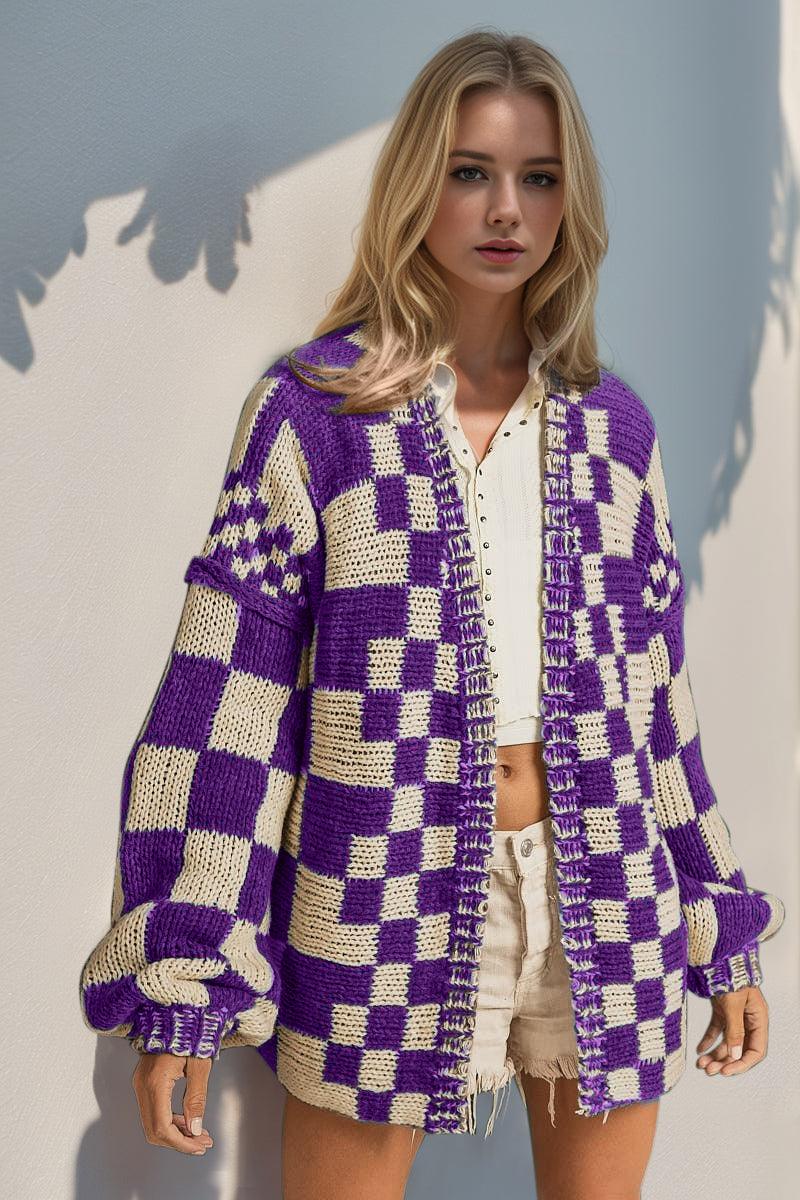 Double Take Full Size Open Front Checkered Drop Shoulder Cardigan Carauana Store