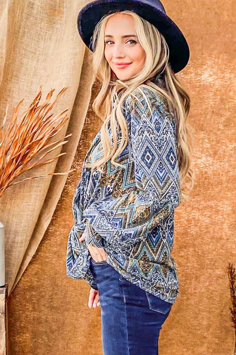 And The Why Print Twist Knot Long Sleeve Blouse Carauana Store