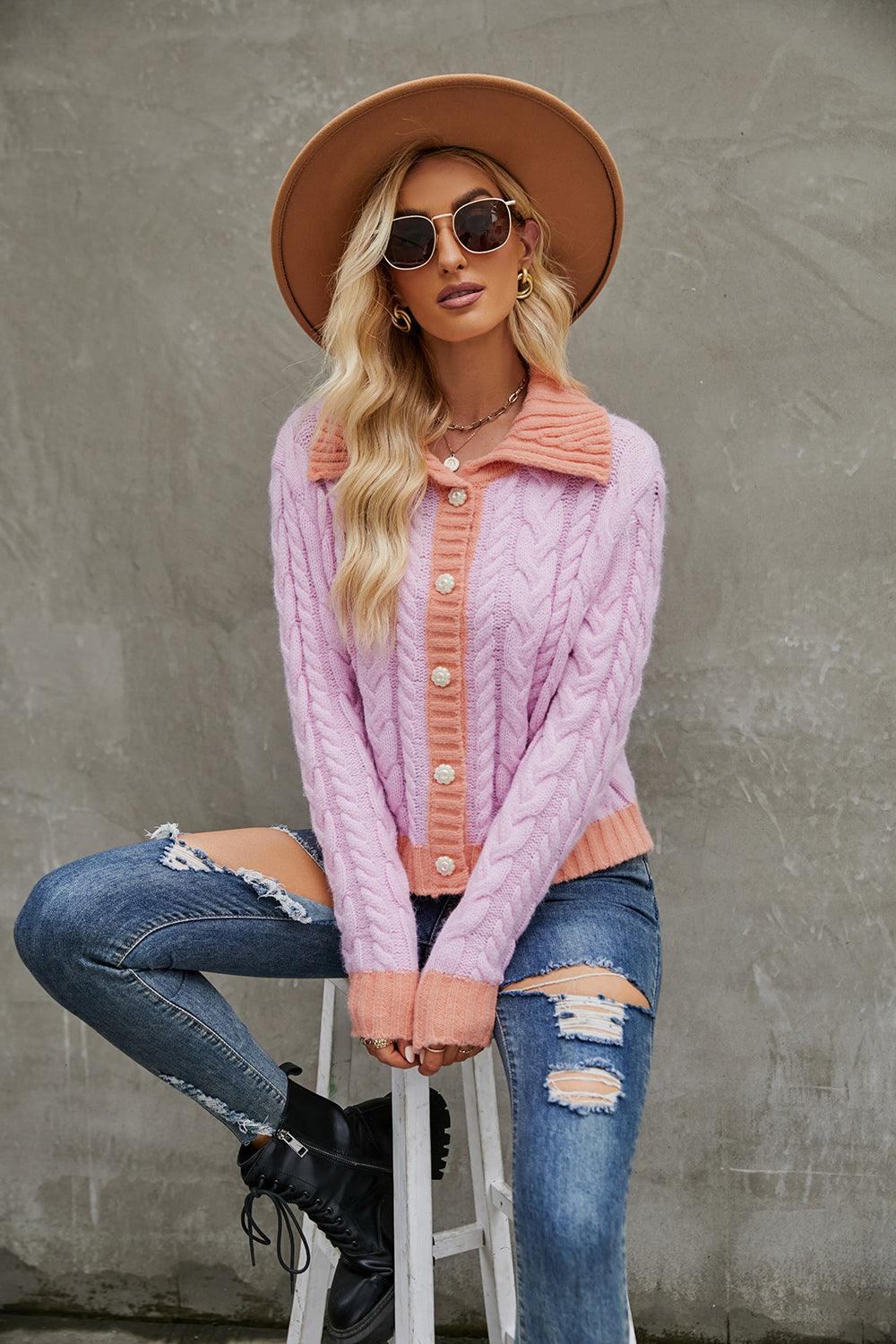 Contrast Collared Neck Cable-Knit Cardigan Carauana Store