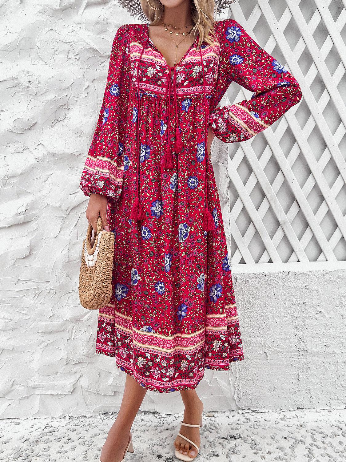 Tassel Tied Printed Long Sleeve Dress Carauana Store