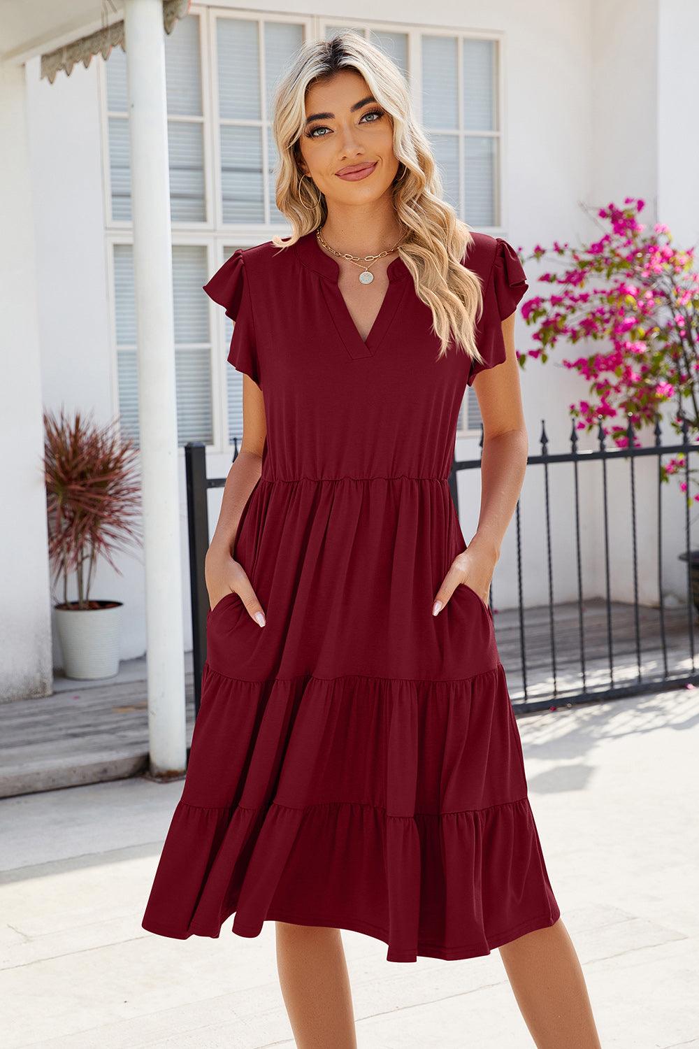Ruched Notched Cap Sleeve Dress Carauana Store