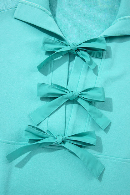 Moonlight Jade Bow Front Bracelet Sleeve Collared Side Pocket Shift Mini Dress