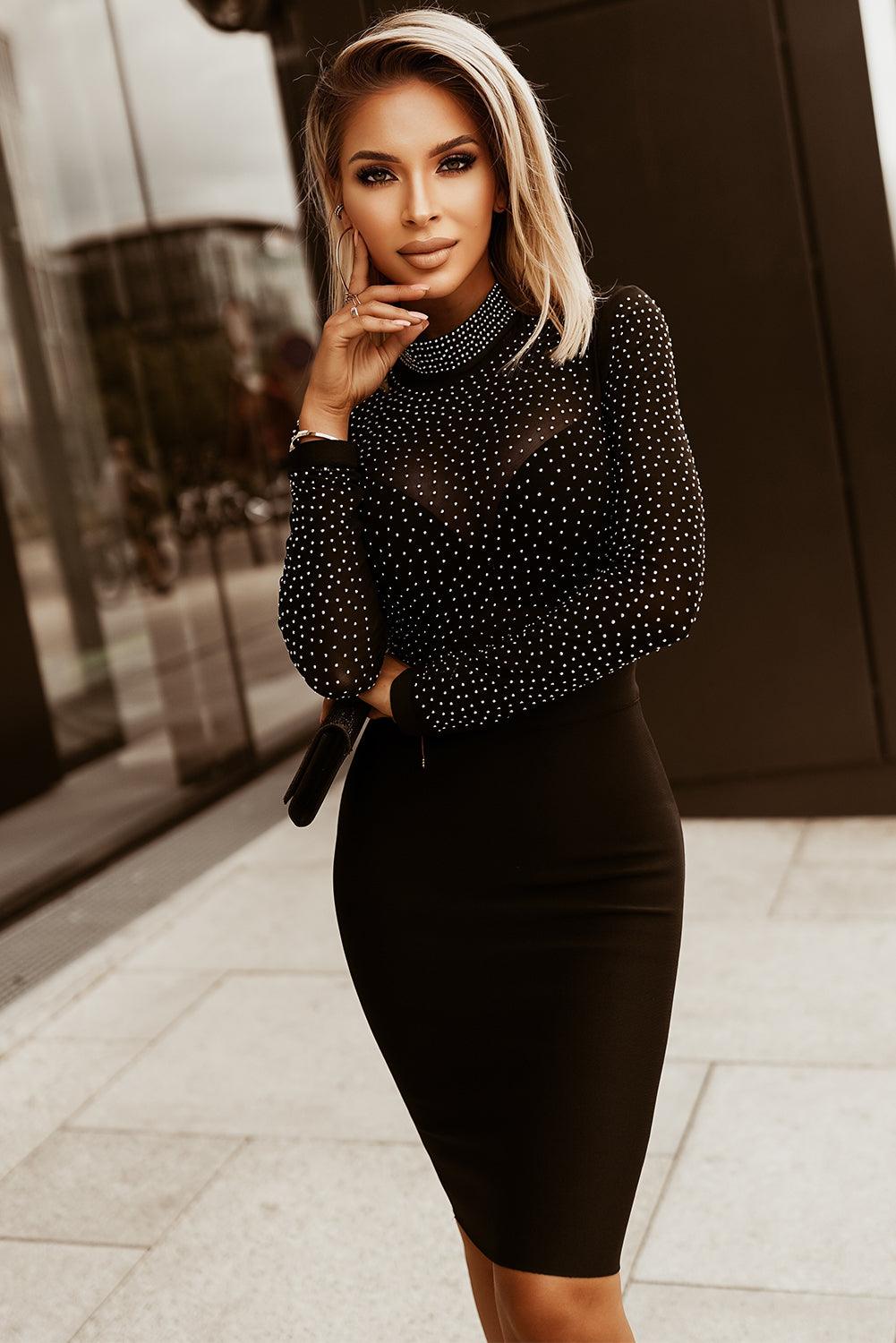 Rhinestone Mock Neck Long Sleeve Dress Carauana Store