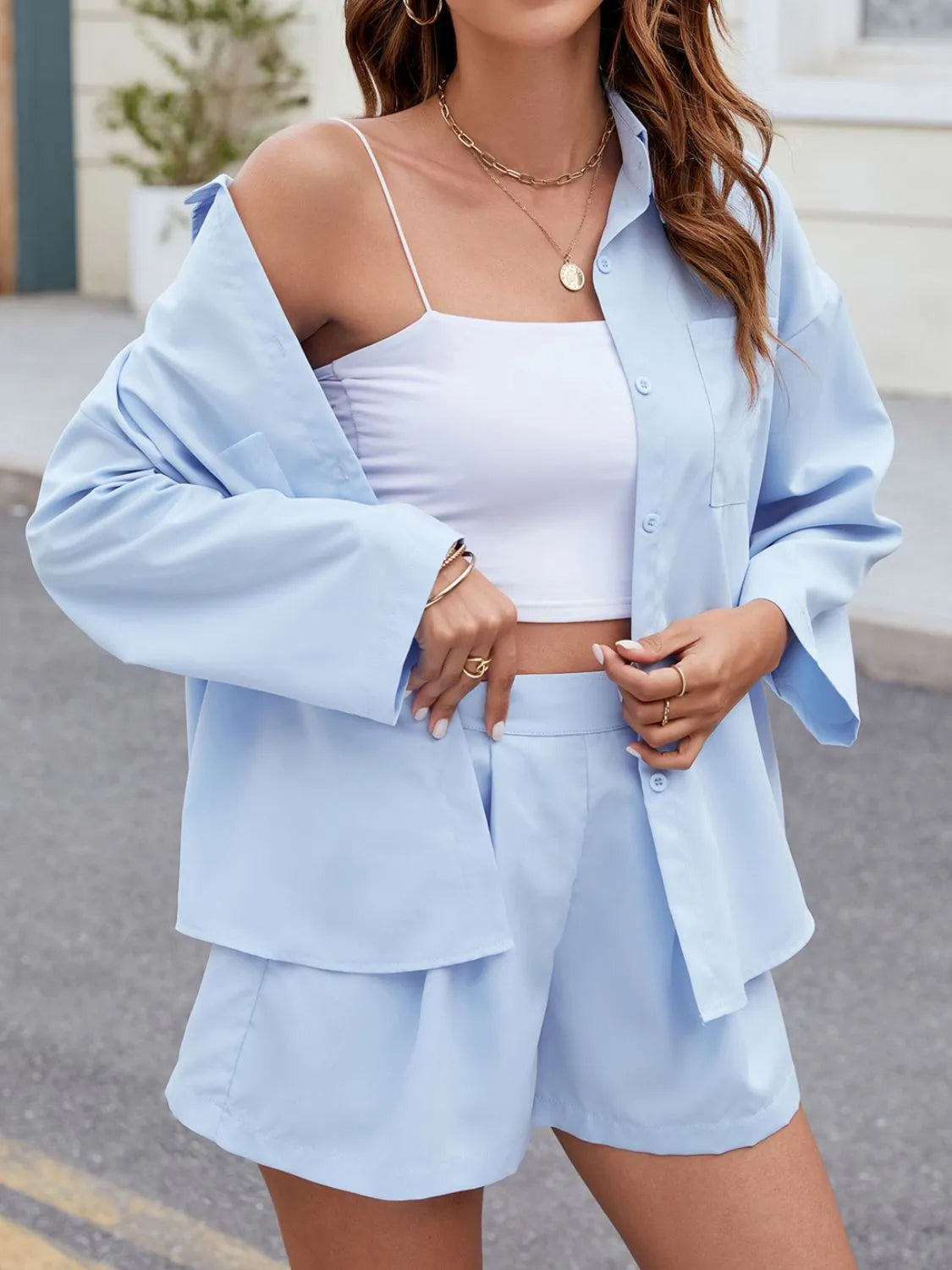 Button Up Long Sleeve Top and Shorts Set CaRaUaNa Fashion