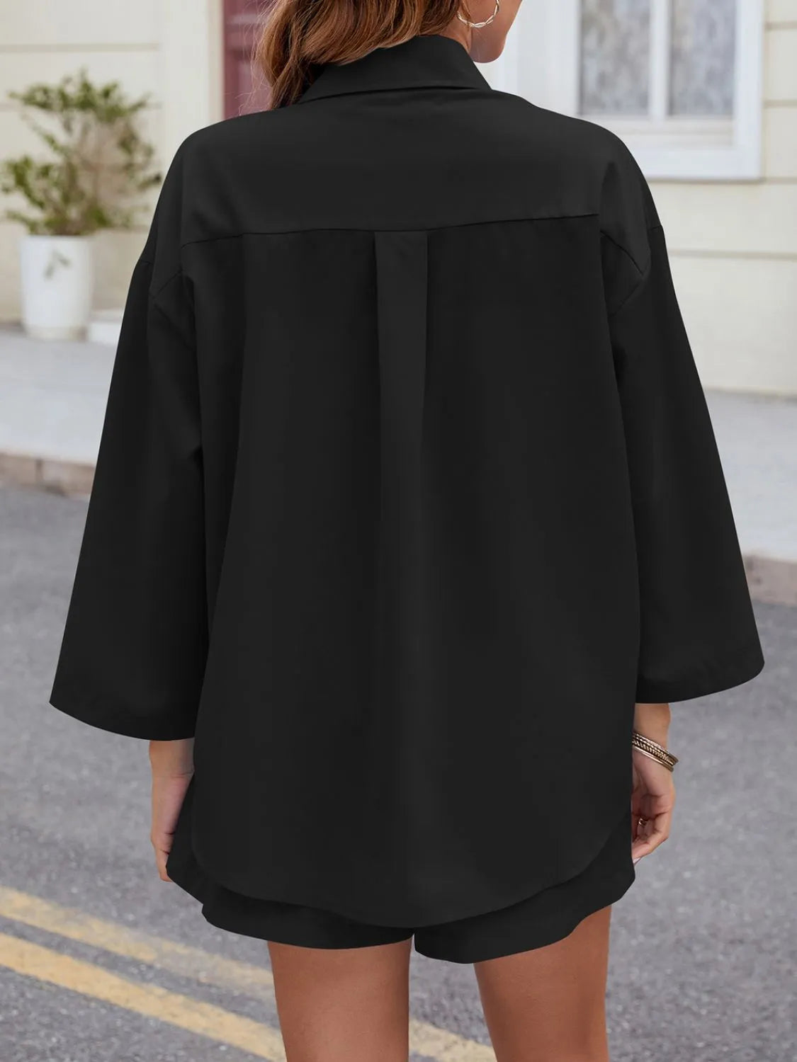 Button Up Long Sleeve Top and Shorts Set CaRaUaNa Fashion