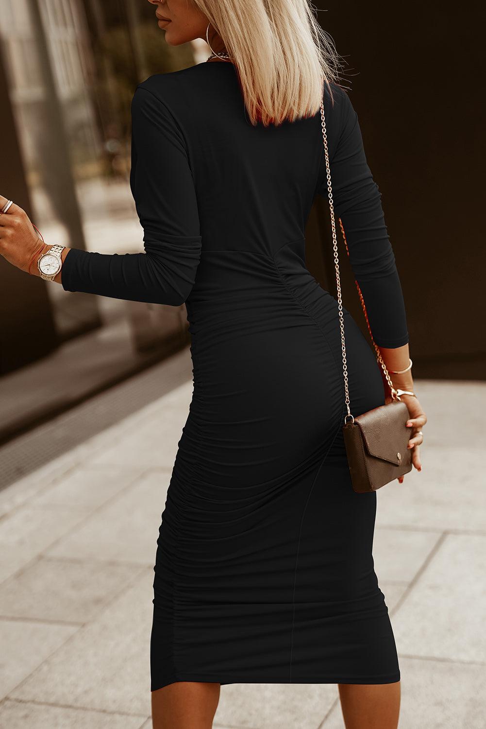 Ruched Surplice Long Sleeve Midi Dress Carauana Store