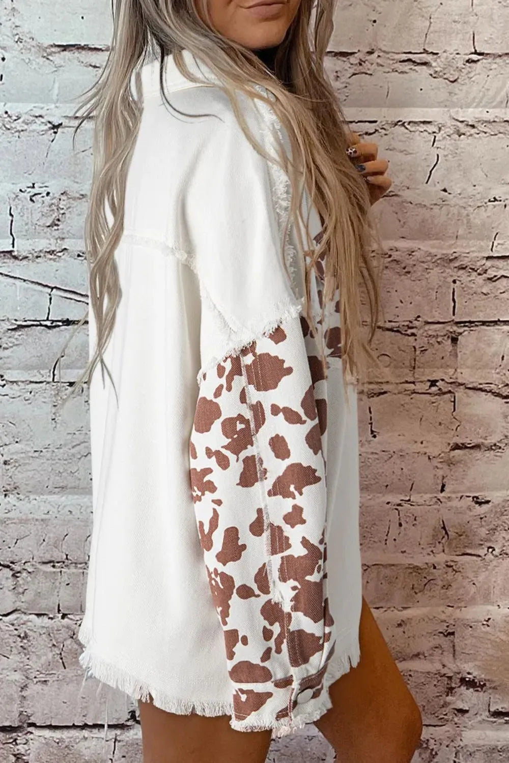 Raw Hem Animal Print Long Sleeve Denim Jacket CaRaUaNa Fashion