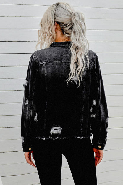Distressed Raw Hem Denim Jacket Carauana Store