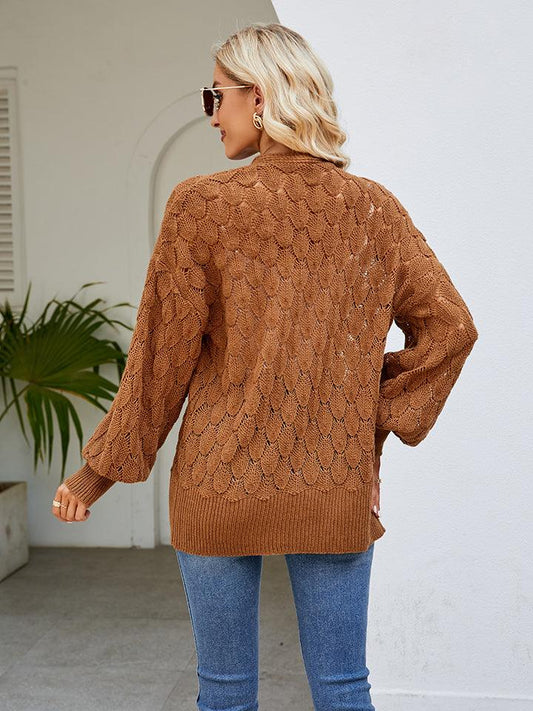 Openwork Open Front Lantern Sleeve Cardigan Carauana Store