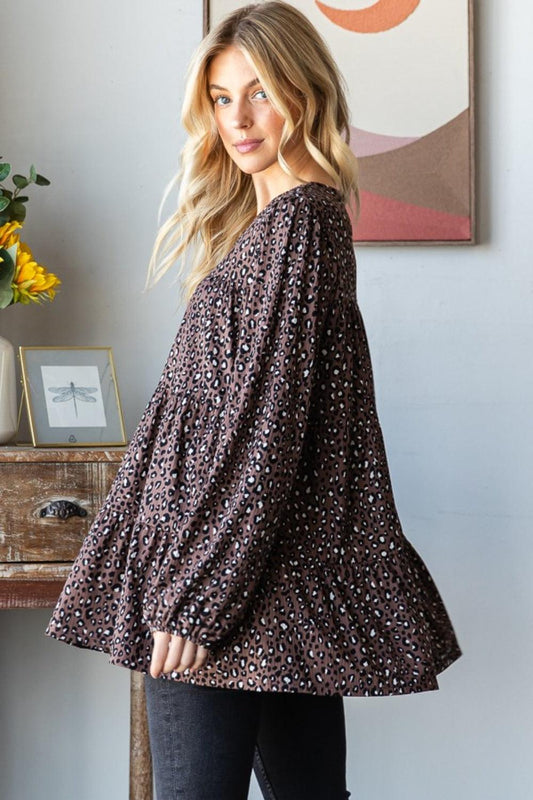 Heimish Leopard Long Sleeve Tiered Blouse Carauana Store