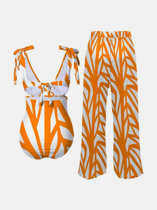 Printed Tie Shoulder Swimwear and Pants Swim Set Carauana Store