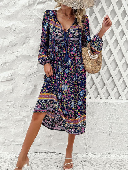 Tassel Tied Printed Long Sleeve Dress Carauana Store