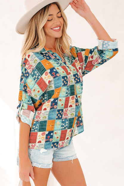 Sky Blue Floral Collared V Neck Roll up Sleeve Shift Blouse