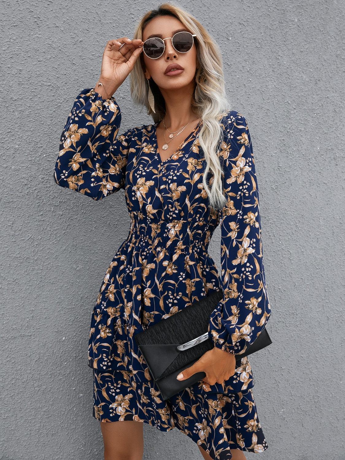 Floral Layered Surplice Balloon Sleeve Dress CaRaUaNa Fashion