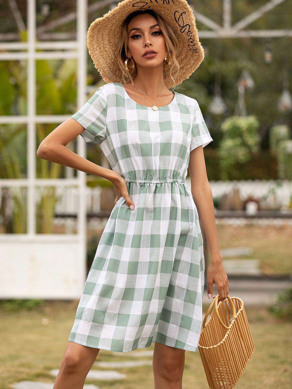 Smocked Plaid Round Neck Short Sleeve Dress CaRaUaNa Fashion