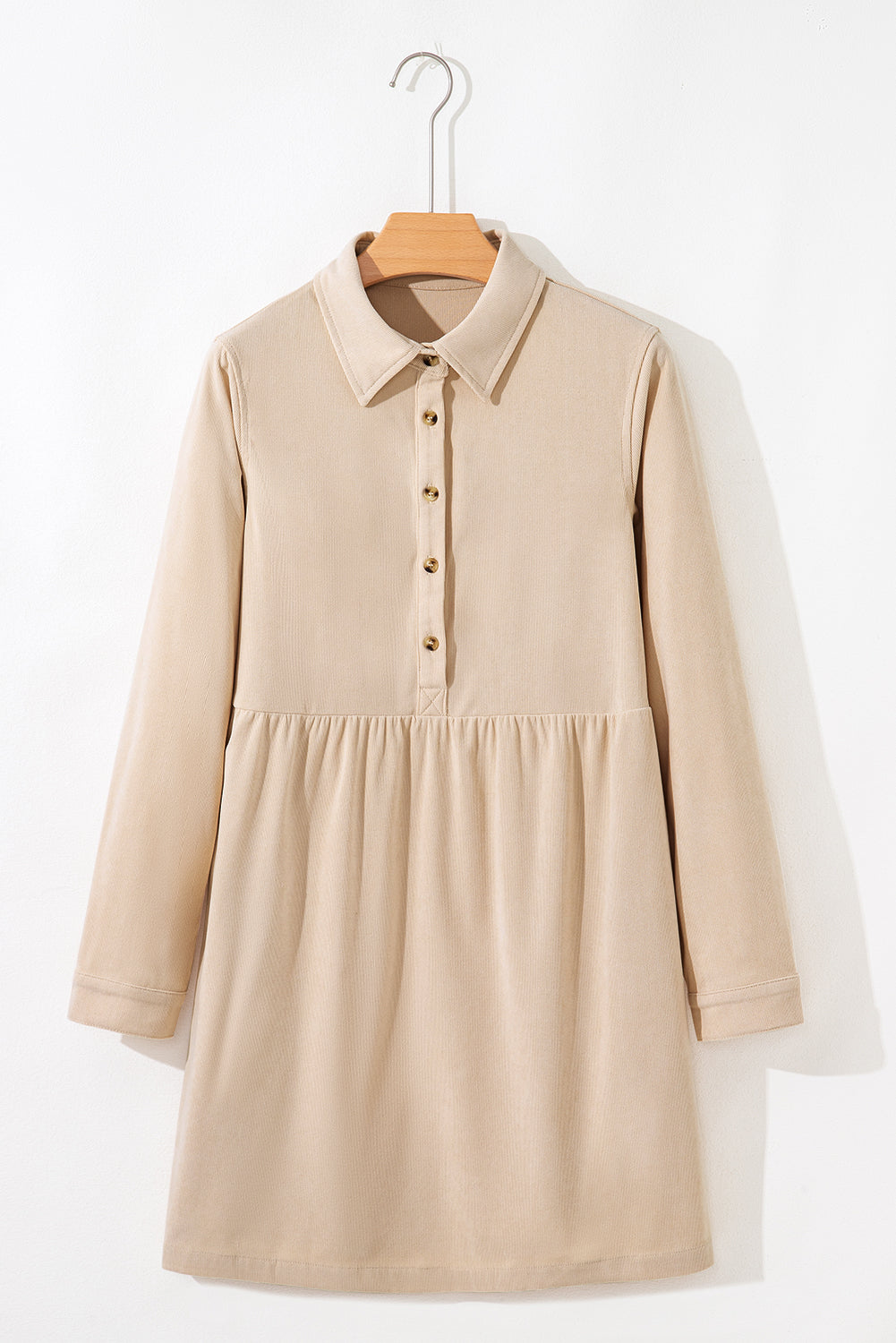 Oatmeal Corduroy Half Button Collared Long Sleeve Mini Dress