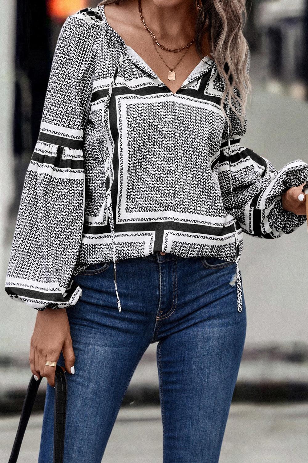 Contrast Printed Tie Neck Balloon Sleeve Blouse Carauana Store