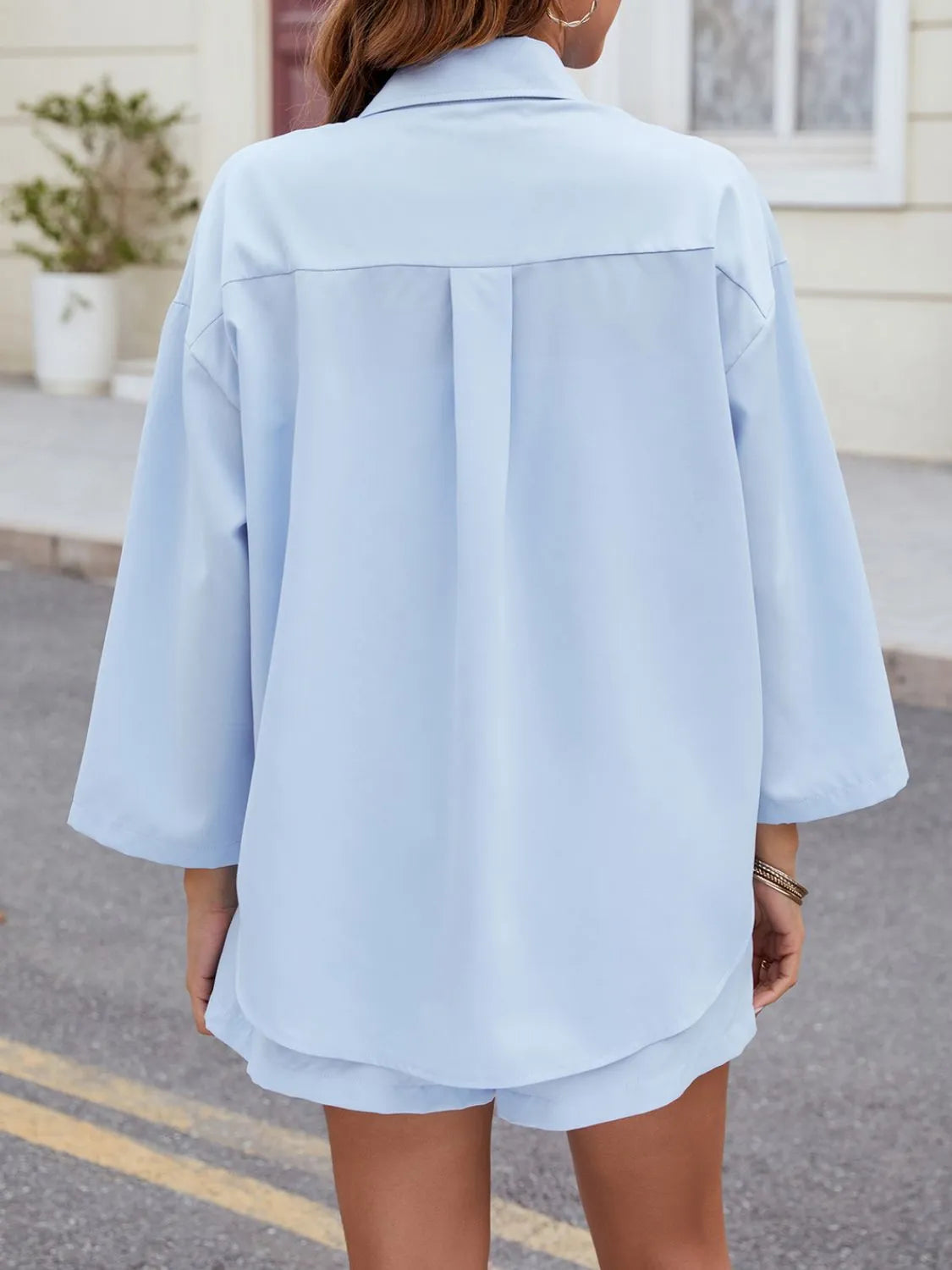 Button Up Long Sleeve Top and Shorts Set CaRaUaNa Fashion