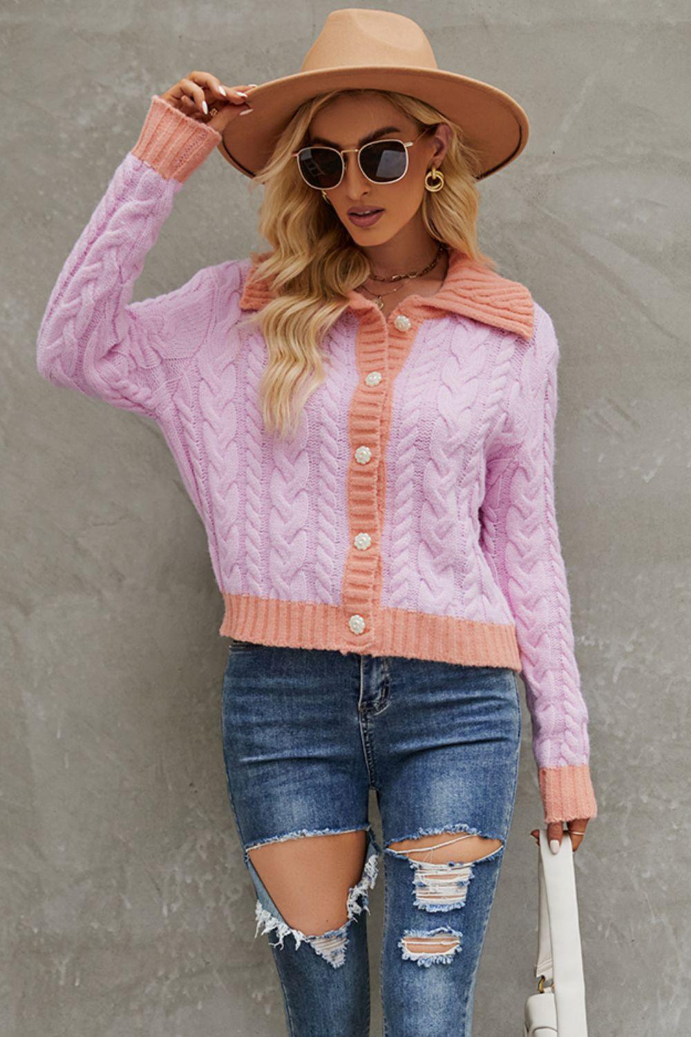Contrast Collared Neck Cable-Knit Cardigan Carauana Store