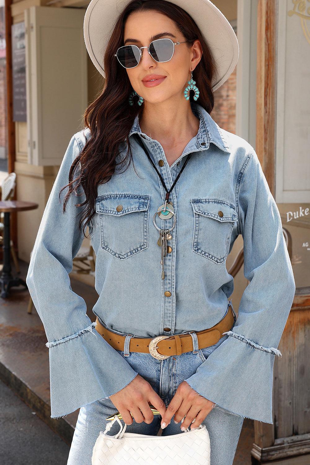 Button Front Flare Sleeve Denim Top Carauana Store